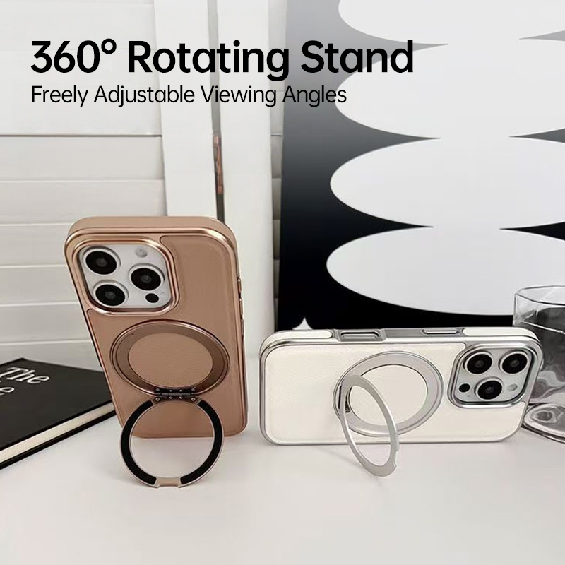 Premium Electroplated Leather Magnetic Case for iPhone 17 Series – 360° Rotating Stand & Refined Craftsmanship