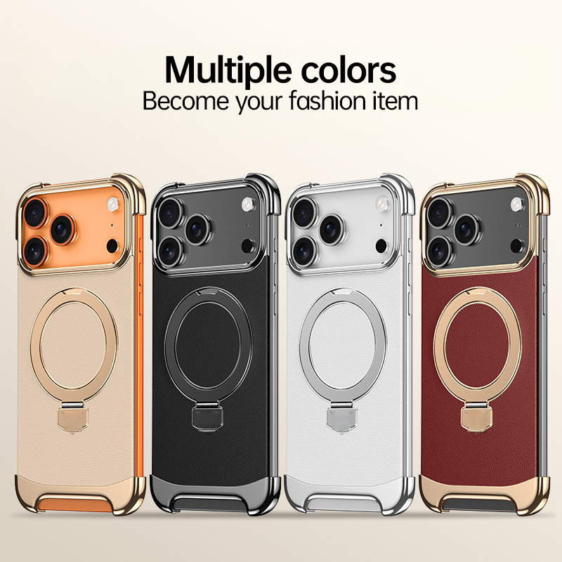 Premium Vegan Leather MagSafe iPhone 17 Case - 360° Ring Stand, dropproof