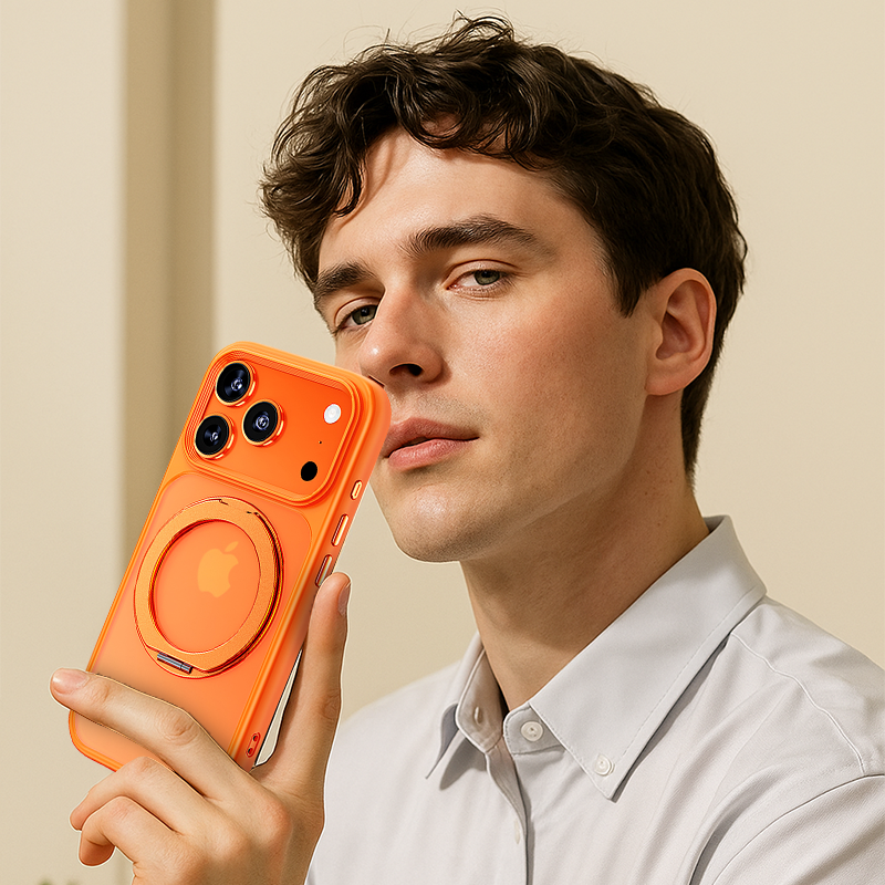 iPhone 17 Series Skin-Feel Magnetic Case with 360° Rotating Stand & Open Camera Frame