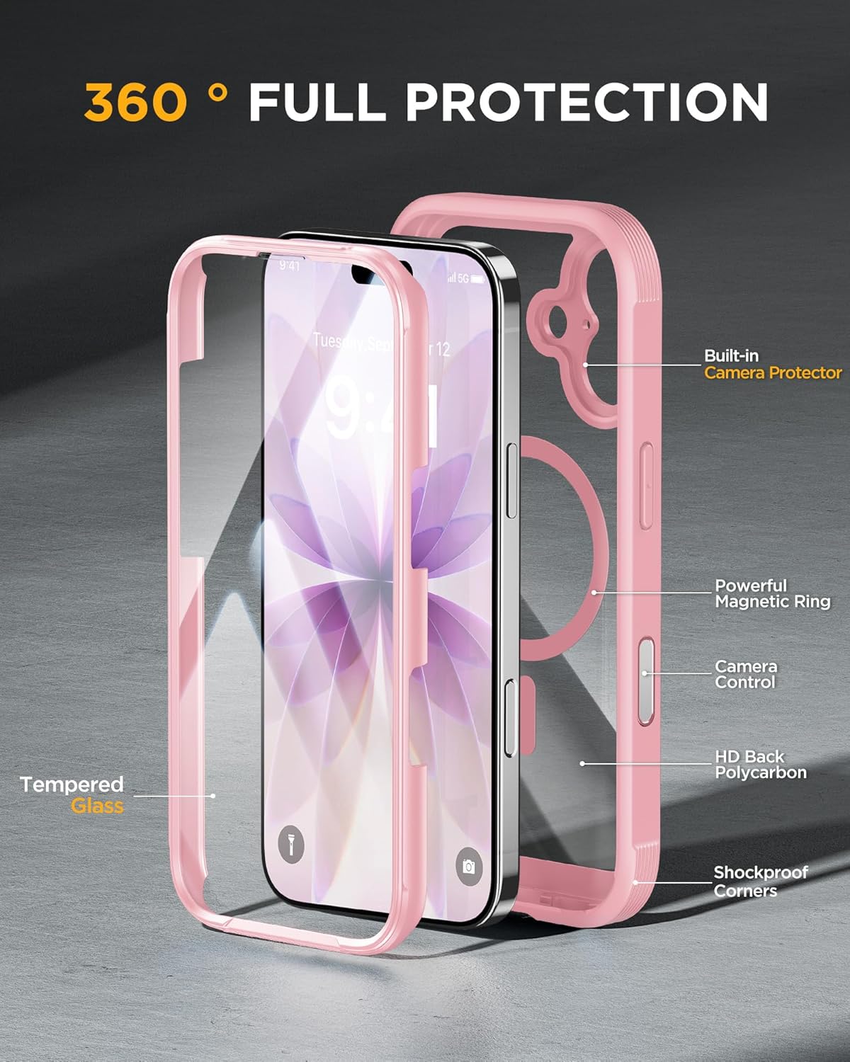 iPhone 17 360° Protection Case [PINK] : Front Screen + Back Cover + Camera Protection Inbuilt