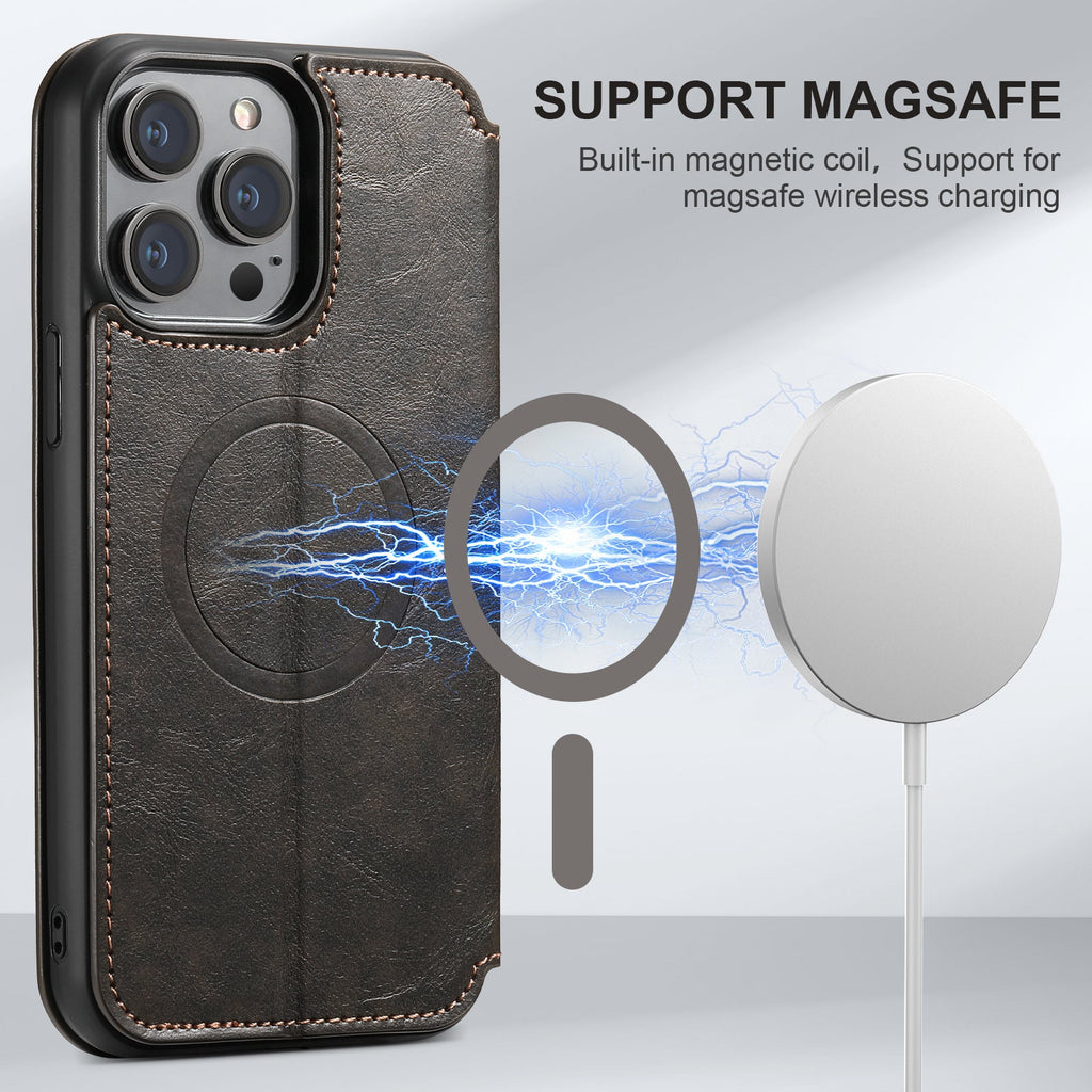 Flip Card Slot MagSafe Magnetic Wireless Charging Leather Case