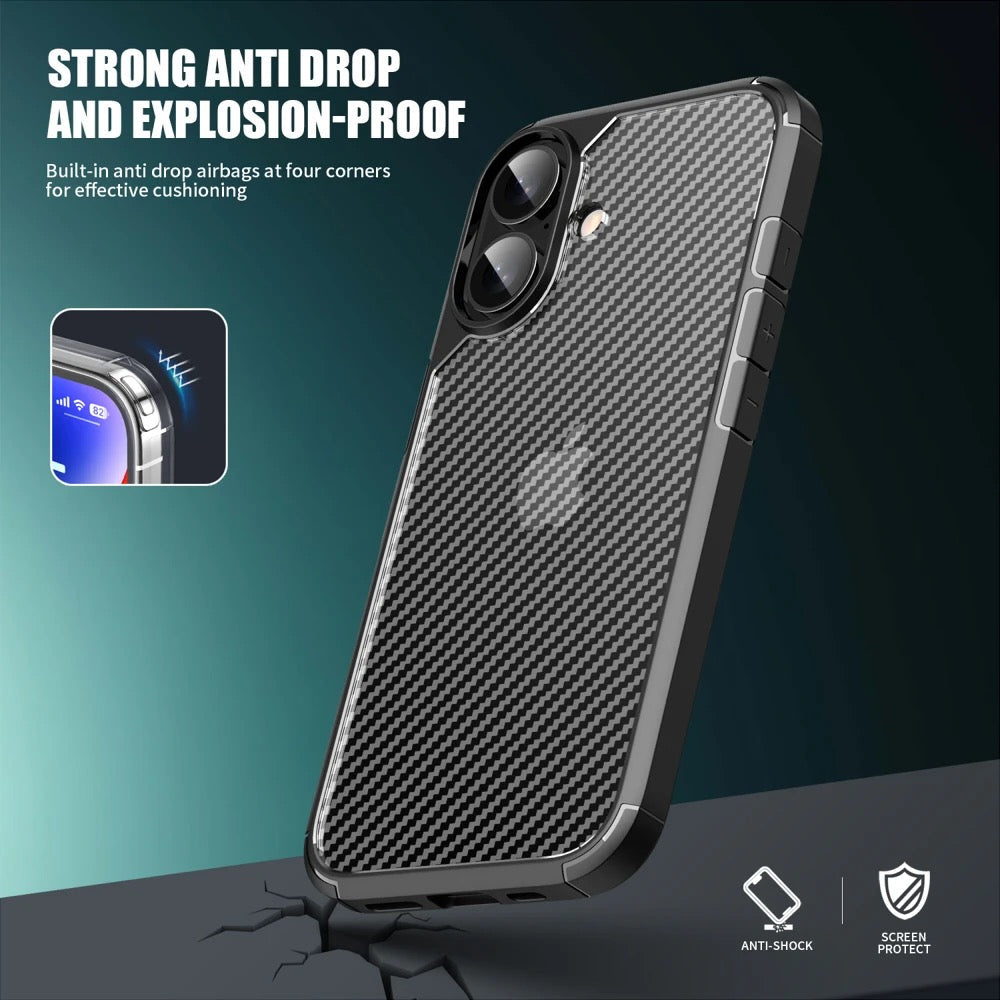 iPhone 16 Case : Carbon Fiber Texture Shockproof & Rugged Cover