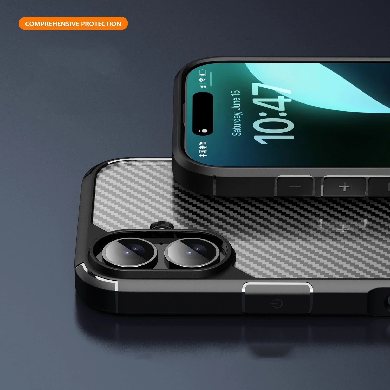 iPhone 16 Case : Carbon Fiber Texture Shockproof & Rugged Cover