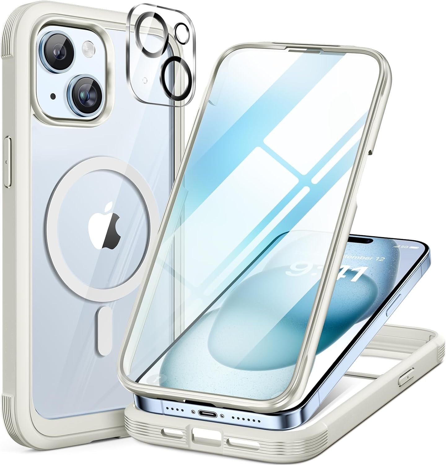 iPhone 15 360° Protection Case [WHITE] : Front Screen + Back Cover + Camera Protector