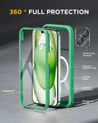 iPhone 15 Plus 360° Protection Case [GREEN] : Front Screen + Back Cover + Camera Protector