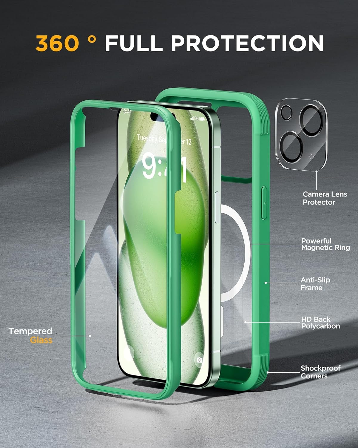 iPhone 15 360° Protection Case [GREEN] : Front Screen + Back Cover + Camera Protector