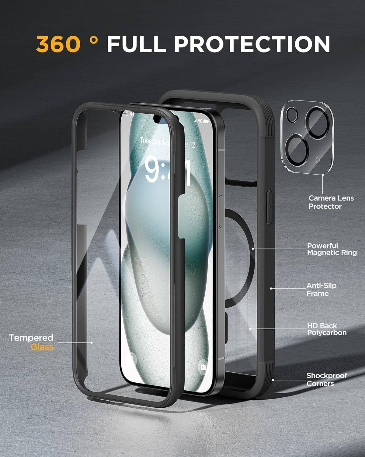 iPhone 15 Series 360° Protection Case : Front Screen + Back Cover + Camera Protector