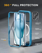 iPhone 15 360° Protection Case [BLUE] : Front Screen + Back Cover + Camera Protector