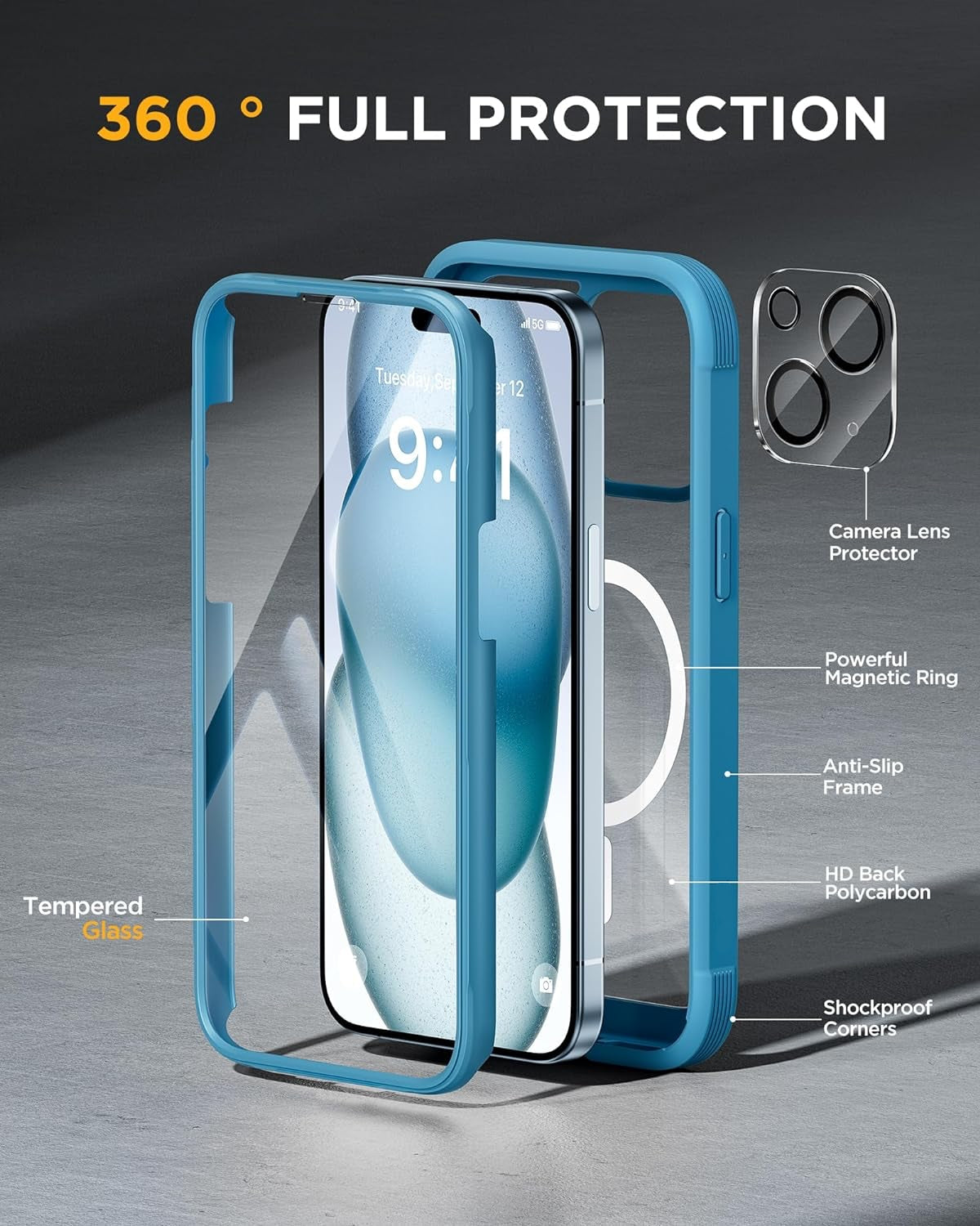 iPhone 15 Plus 360° Protection Case [BLUE] : Front Screen + Back Cover + Camera Protector