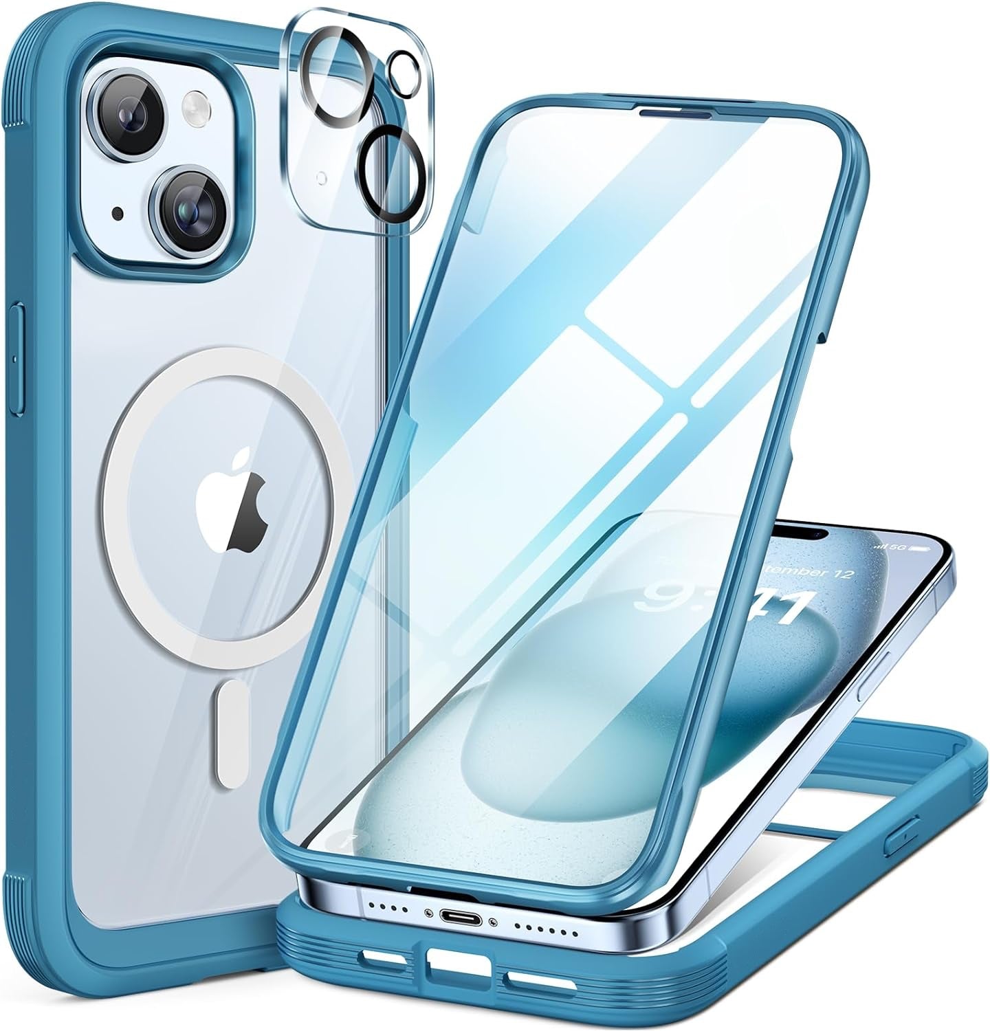 iPhone 15 Plus 360° Protection Case [BLUE] : Front Screen + Back Cover + Camera Protector