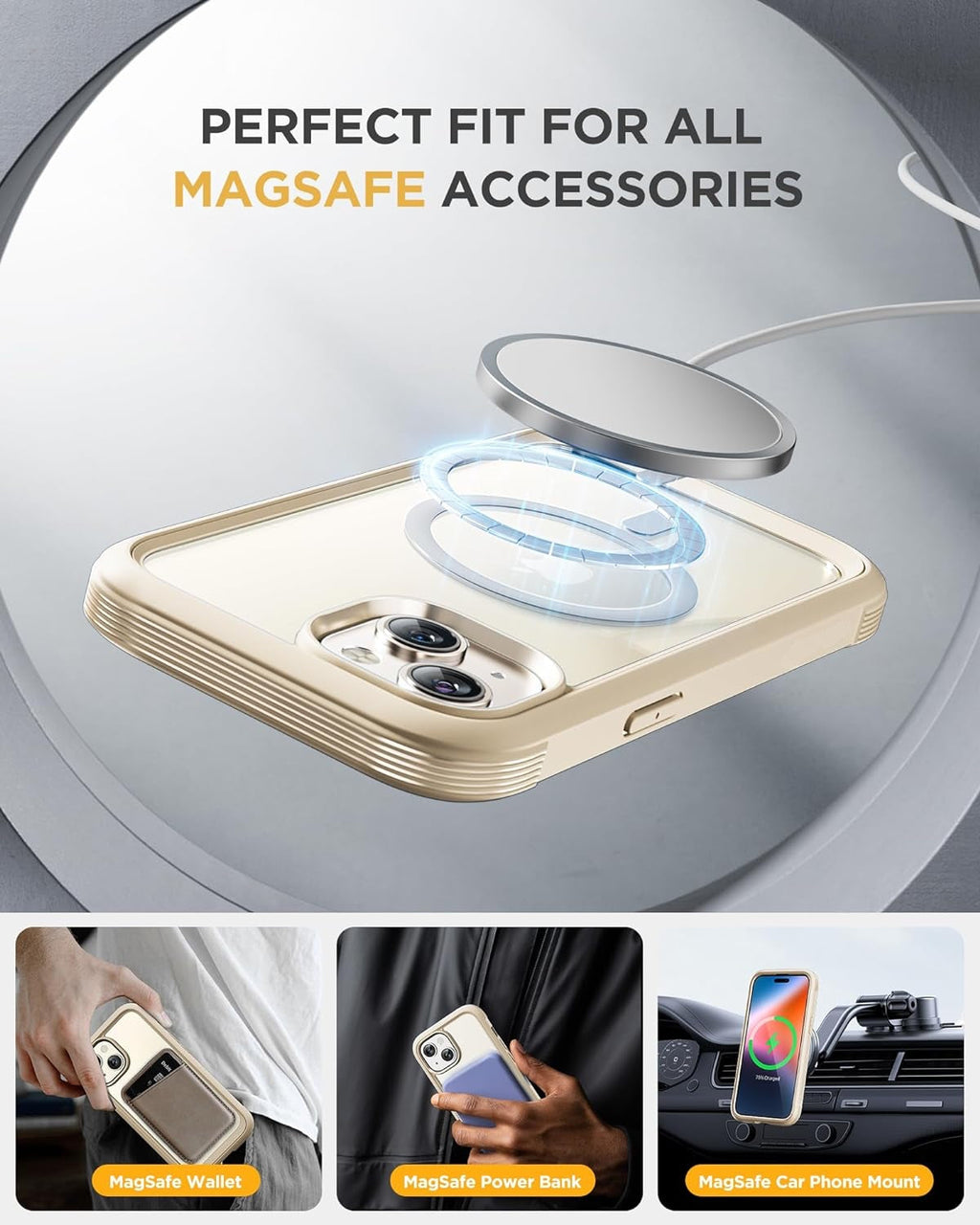 iPhone 15 360° Protection Case [ALMOND YELLOW] : Front Screen + Back Cover + Camera Protector