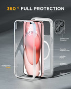 iPhone 15 360° Protection Case [MATTE CLEAR] : Front Screen + Back Cover + Camera Protector