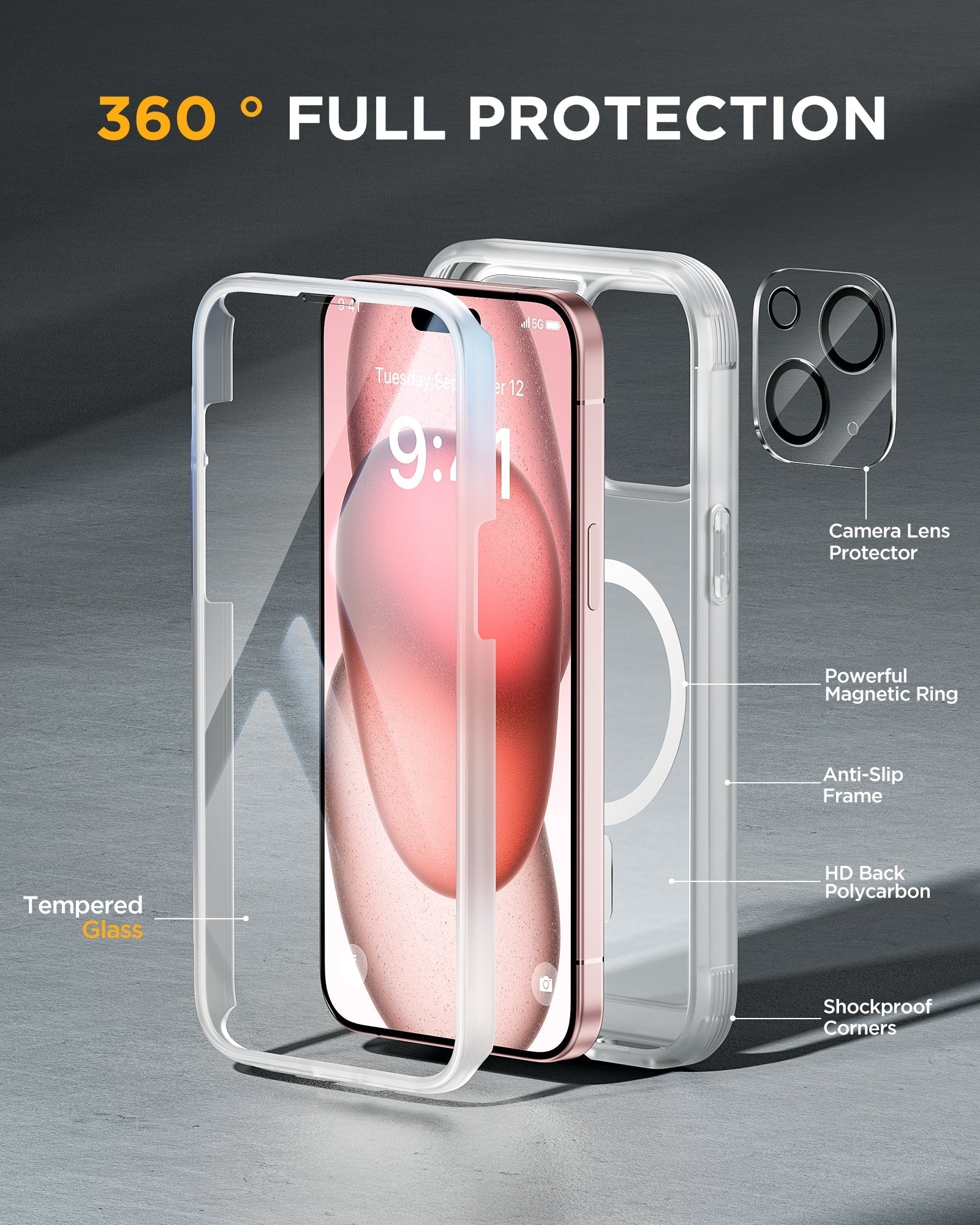 iPhone 15 Plus 360° Protection Case [MATTE CLEAR] : Front Screen + Back Cover + Camera Protector