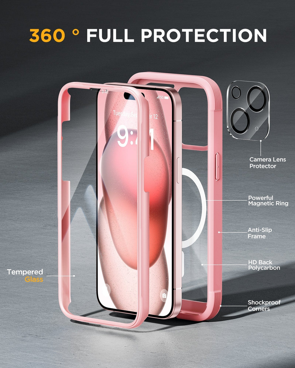 iPhone 15 Plus 360° Protection Case [PINK] : Front Screen + Back Cover + Camera Protector