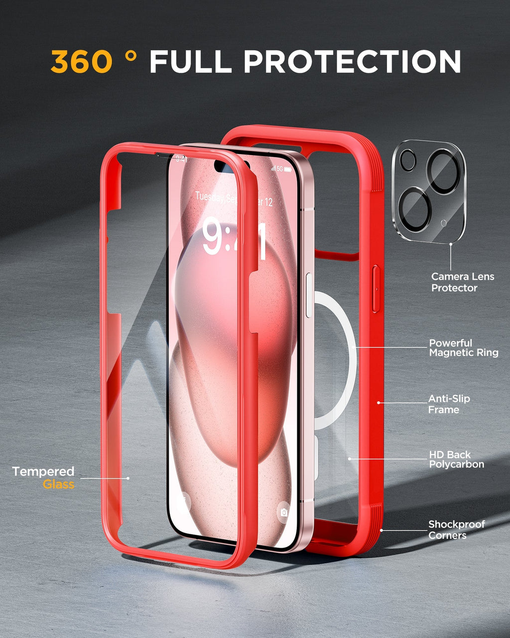 iPhone 15 360° Protection Case [RED] : Front Screen + Back Cover + Camera Protector