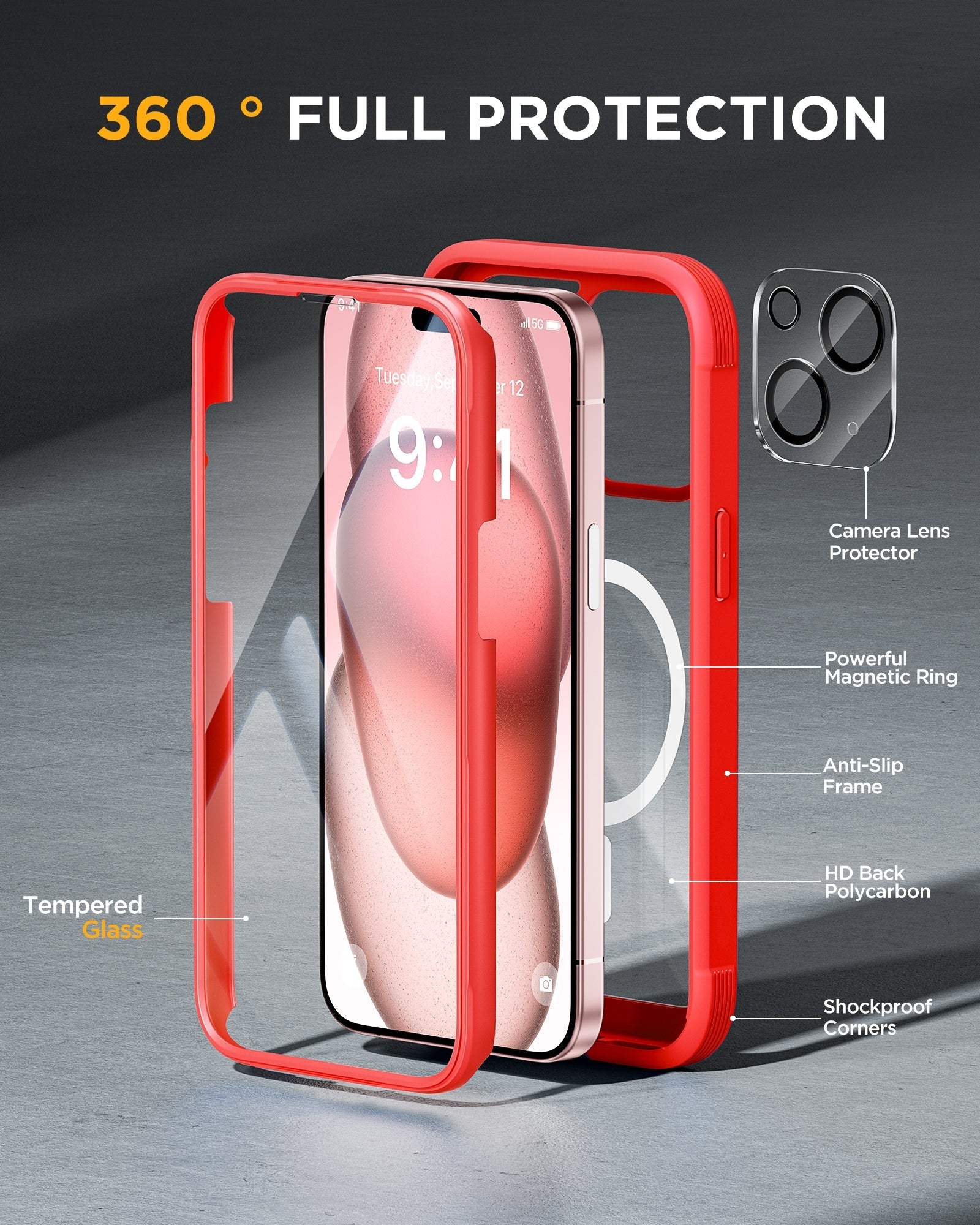 iPhone 15 360° Protection Case [RED] : Front Screen + Back Cover + Camera Protector