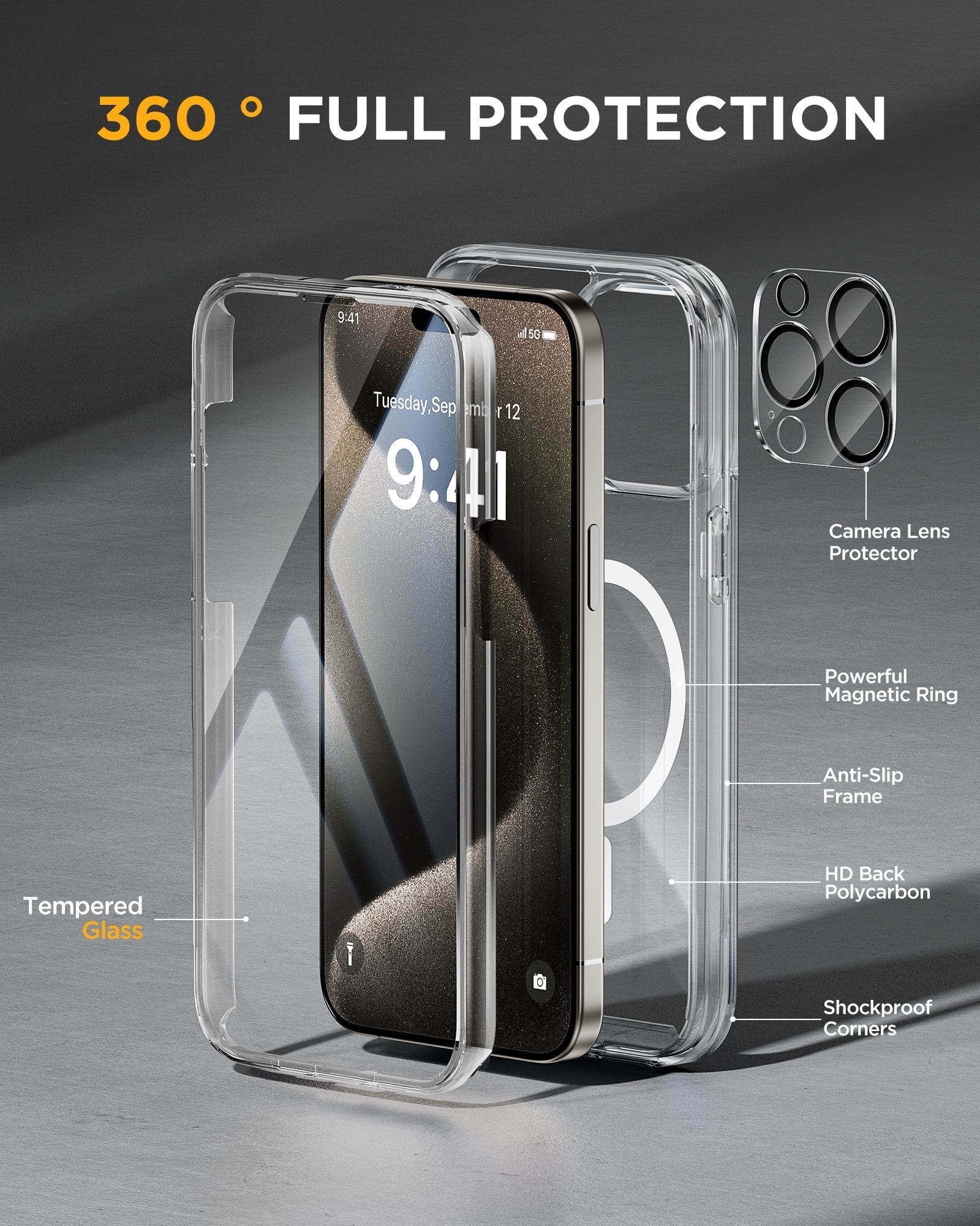 iPhone 15 Pro 360° Protection Case [CLEAR] : Front Screen + Back Cover + Camera Protector
