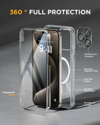 iPhone 15 Pro Max 360° Protection Case [CLEAR] : Front Screen + Back Cover + Camera Protector