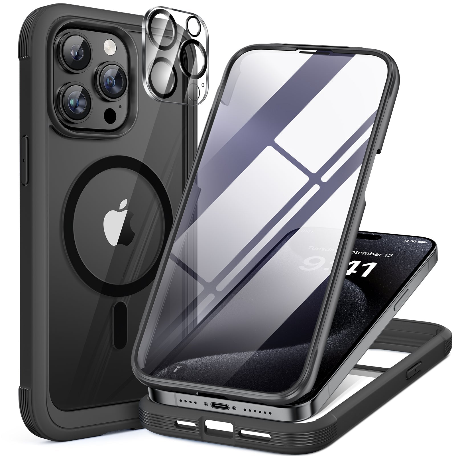iPhone 15 Pro Max 360° Protection Case [BLACK] : Front Screen + Back Cover + Camera Protector