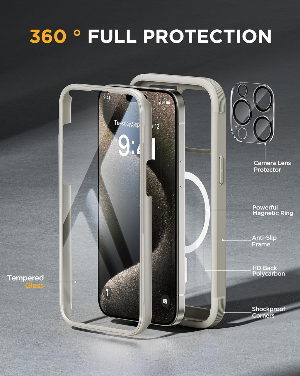 iPhone 15 Pro 360° Protection Case [GREY] : Front Screen + Back Cover + Camera Protector