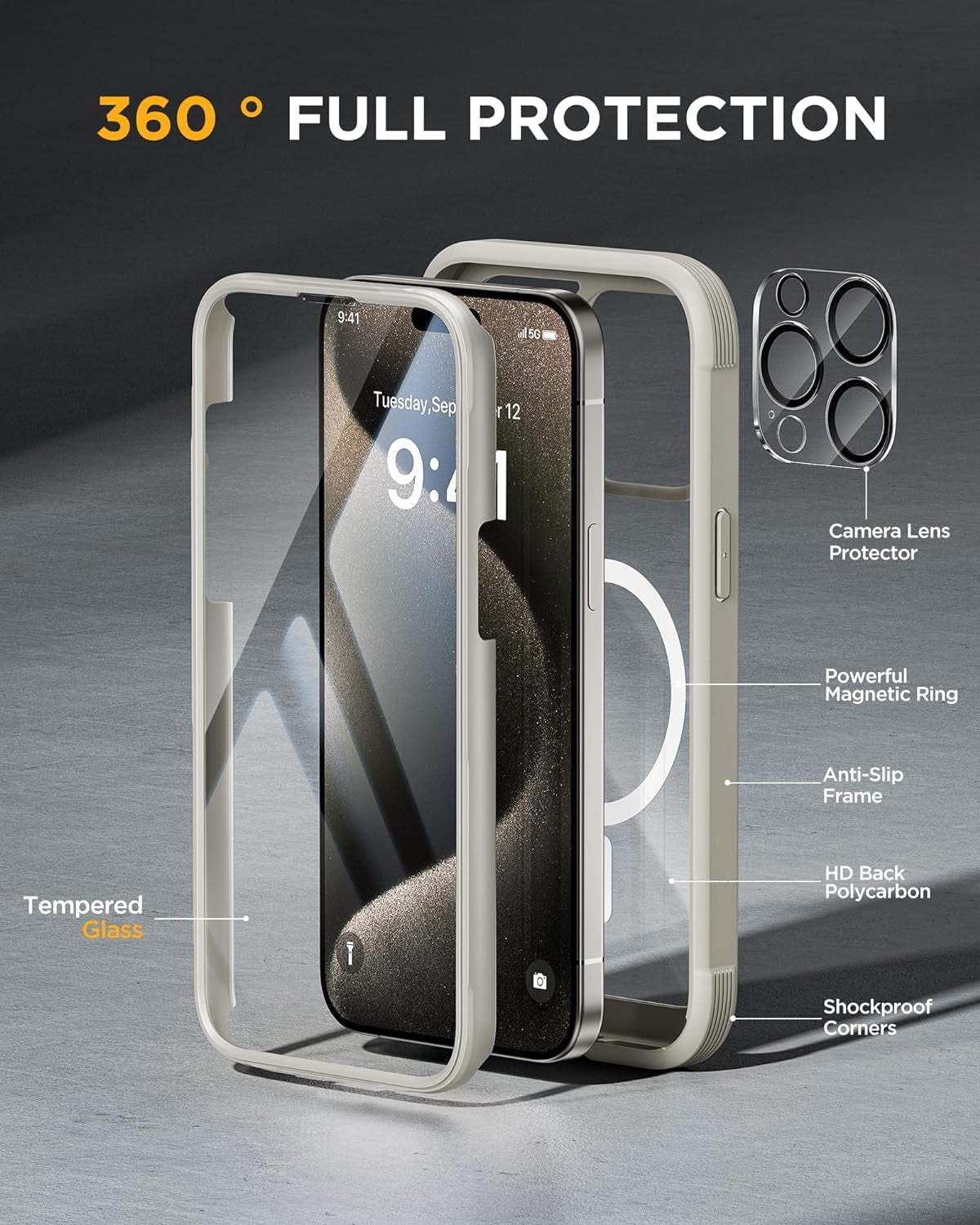 iPhone 15 Pro 360° Protection Case [GREY] : Front Screen + Back Cover + Camera Protector