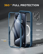 iPhone 15 Pro Max 360° Protection Case [BLUE] : Front Screen + Back Cover + Camera Protector