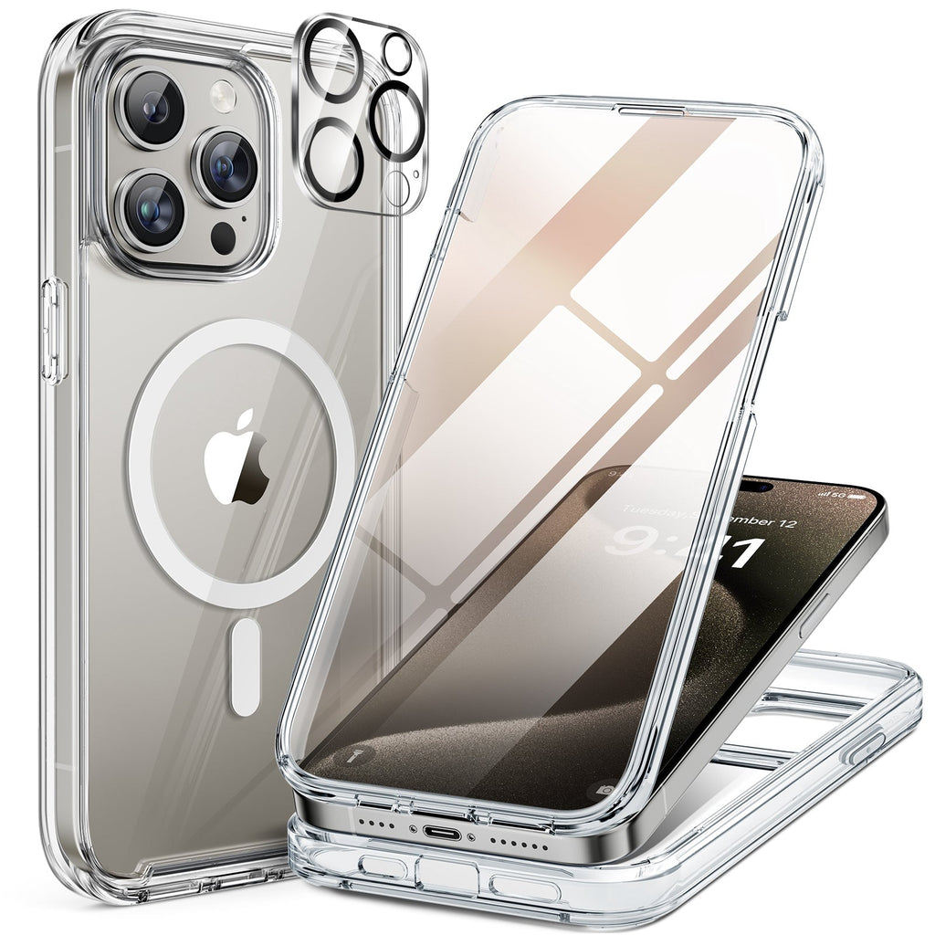 iPhone 15 Pro Max 360° Protection Case [CLEAR] : Front Screen + Back Cover + Camera Protector