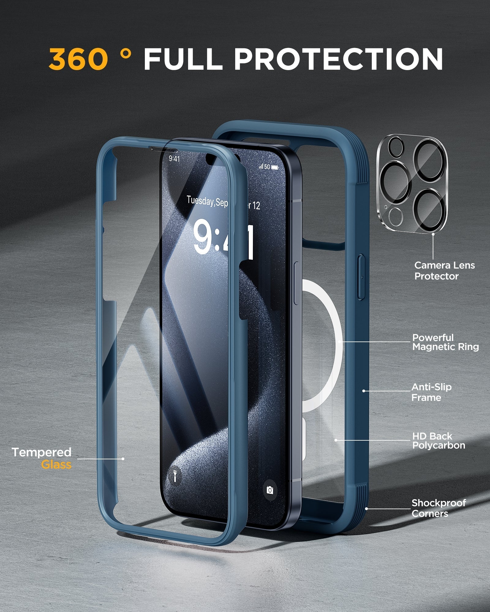 iPhone 15 Pro 360° Protection Case [BLUE] : Front Screen + Back Cover + Camera Protector