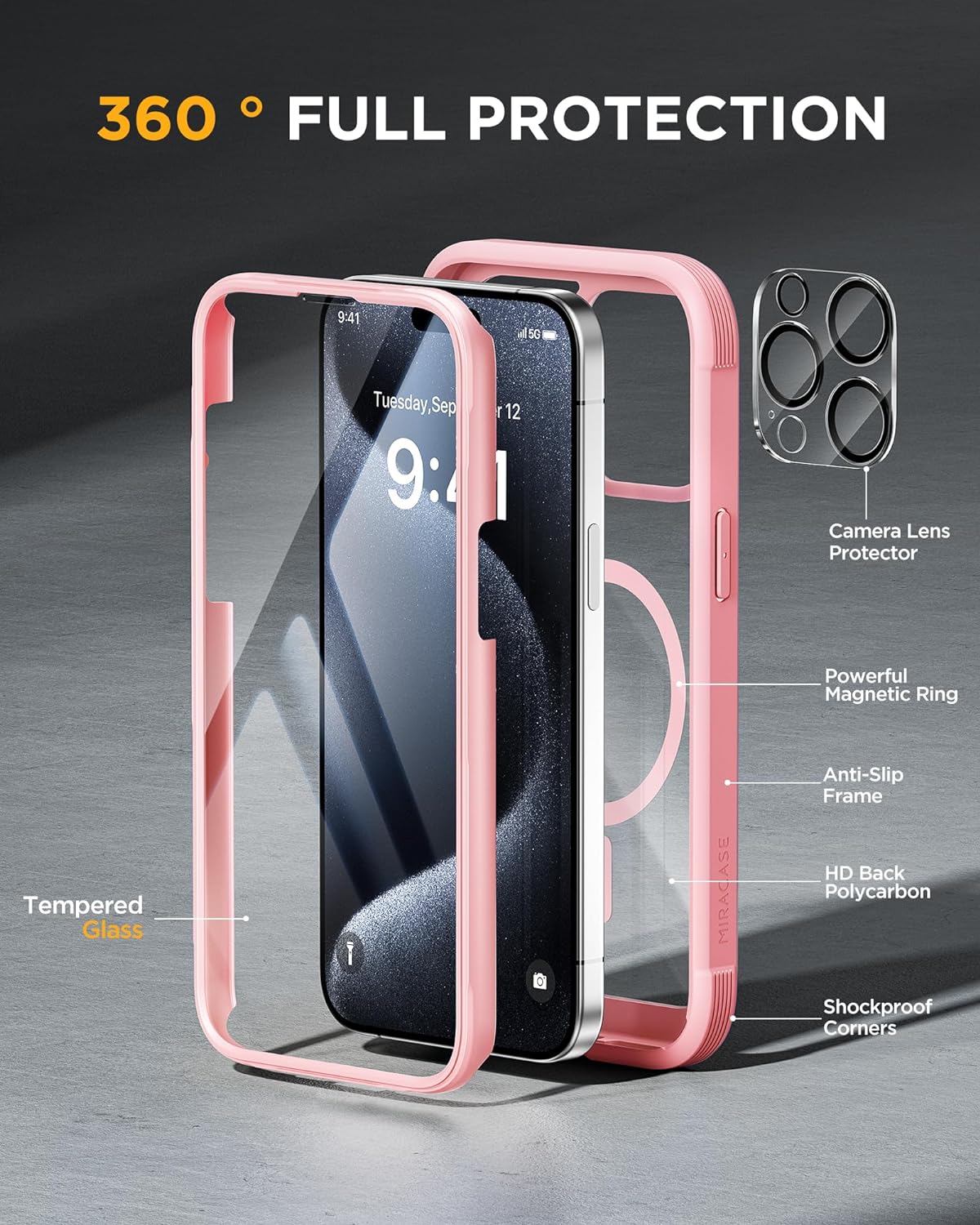 iPhone 15 Pro Max 360° Protection Case [PINK] : Front Screen + Back Cover + Camera Protector