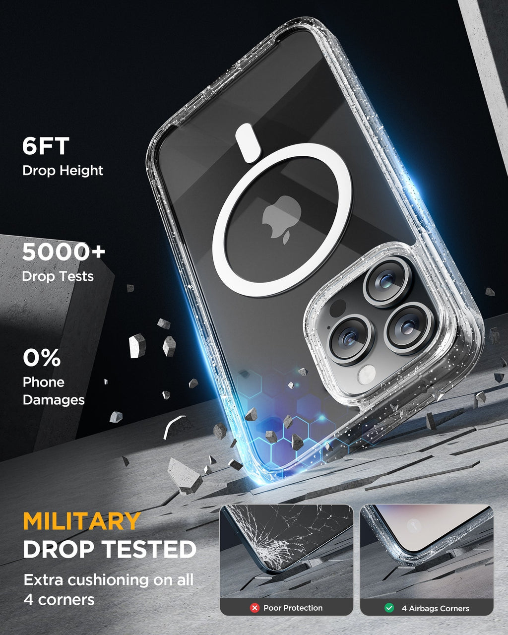 iPhone 15 Pro 360° Protection Case [GLITTER] : Front Screen + Back Cover + Camera Protector