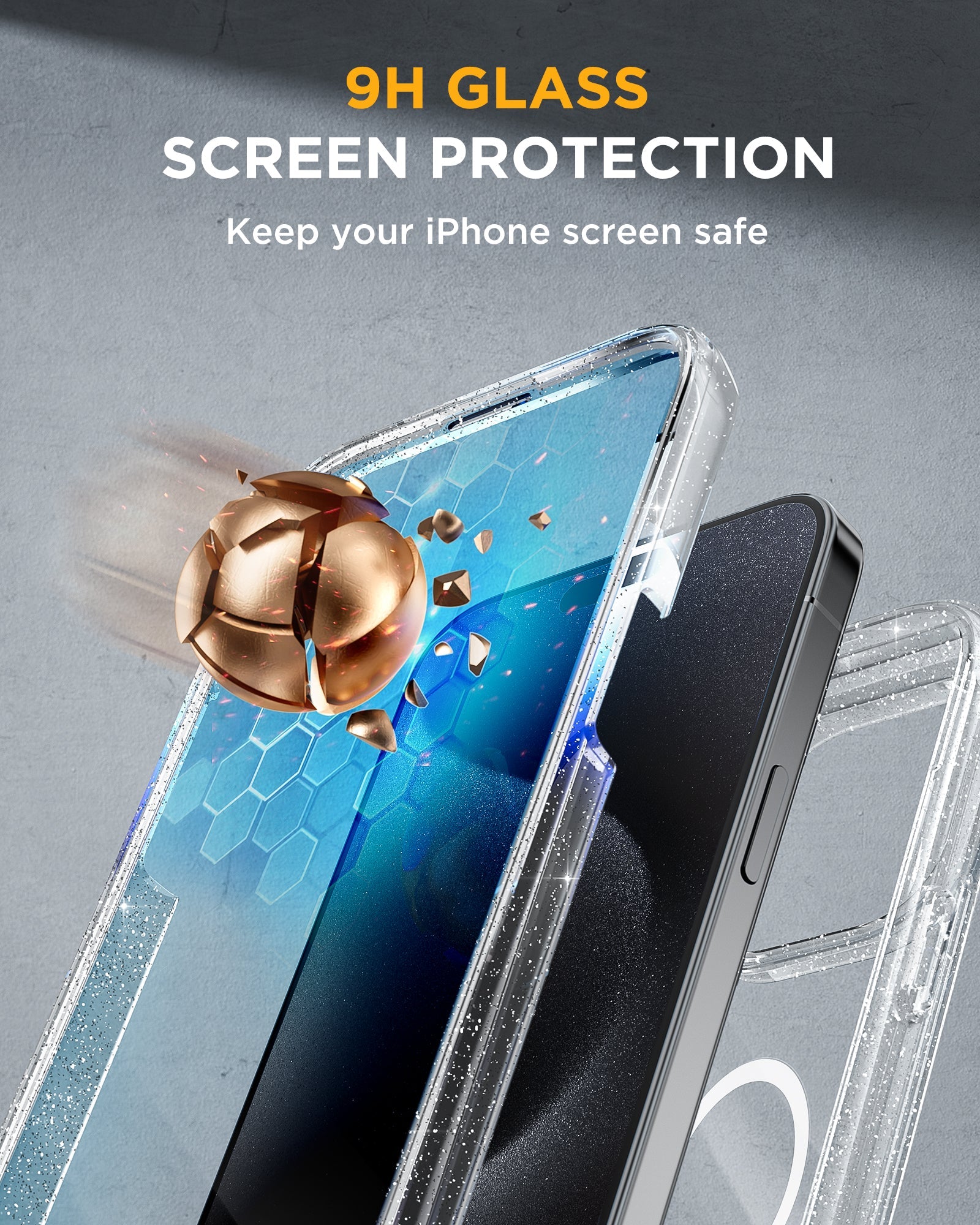 iPhone 15 Pro 360° Protection Case [GLITTER] : Front Screen + Back Cover + Camera Protector