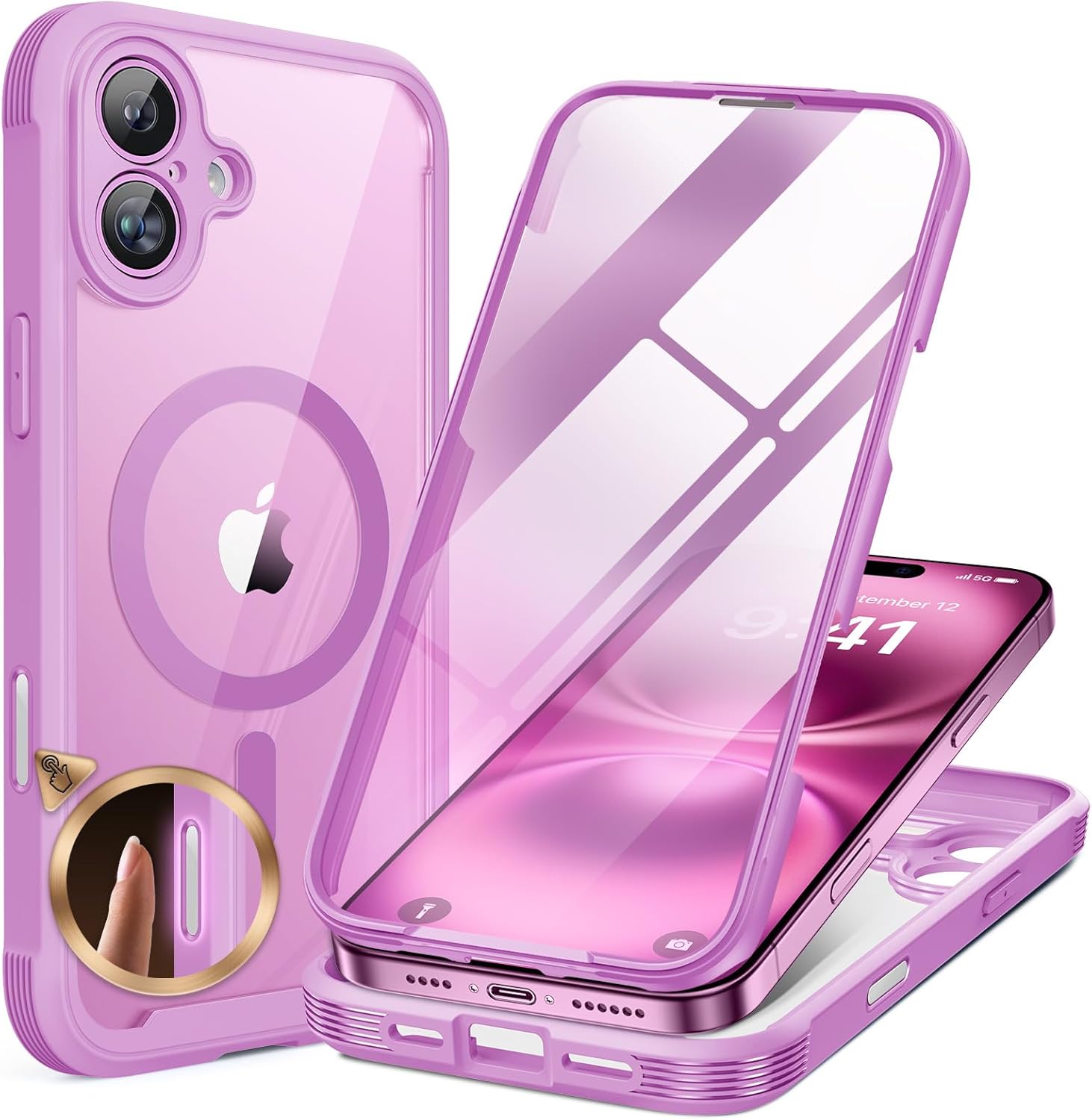 iPhone 16 360° Protection Case [PINK] : Front Screen + Back Cover + Camera Protector