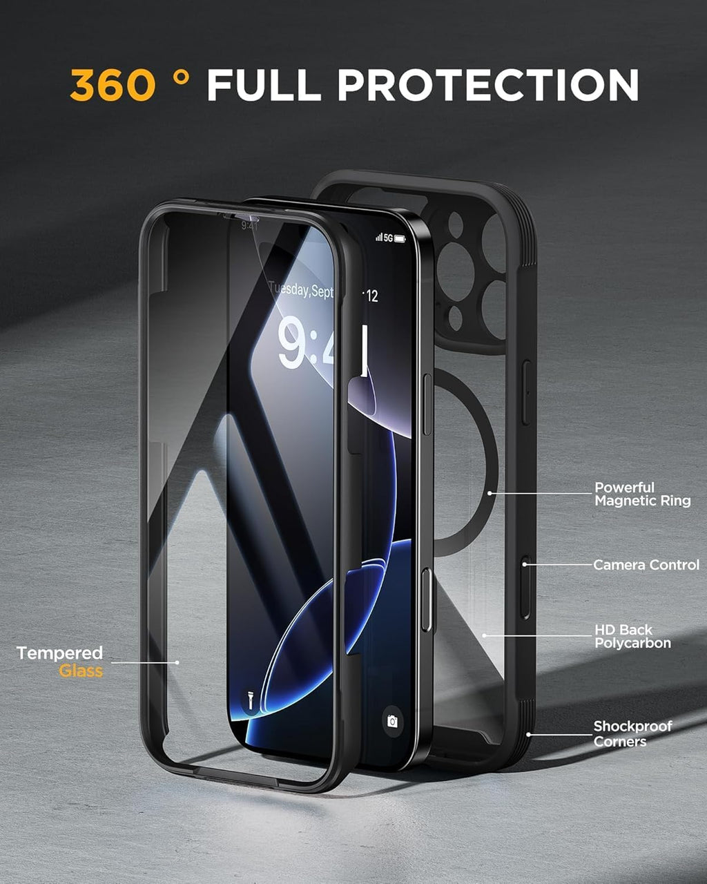 iPhone 16 Pro 360° Protection Case [BLACK] : Front Screen + Back Cover + Camera Protector