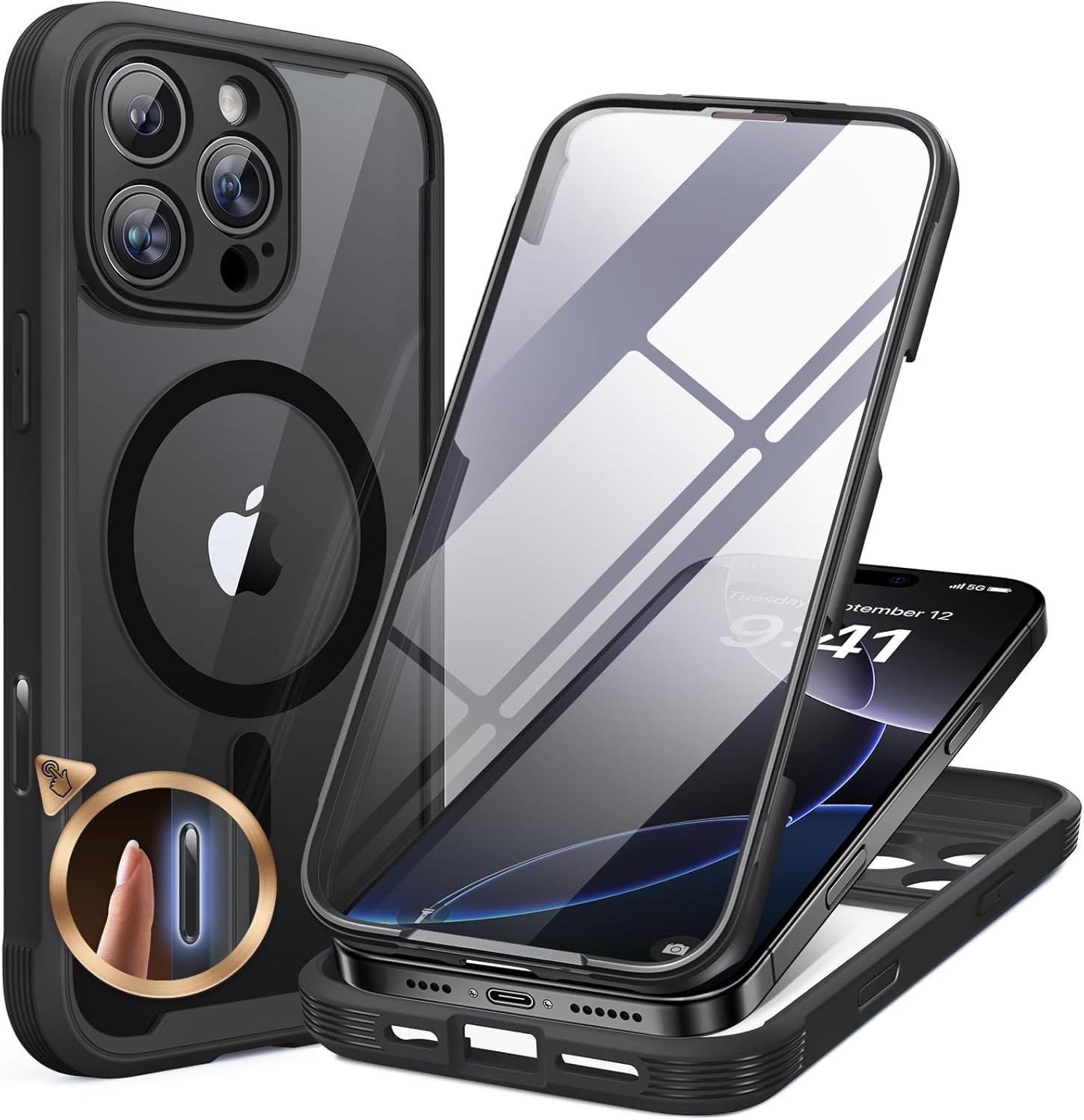 iPhone 16 Pro 360° Protection Case [BLACK] : Front Screen + Back Cover + Camera Protector