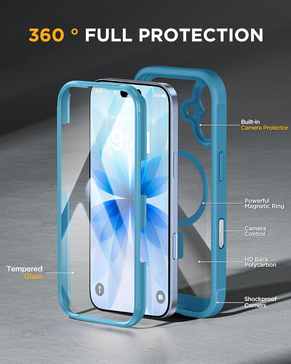 iPhone 17 360° Protection Case [BLUE] : Front Screen + Back Cover + Camera Protection Inbuilt