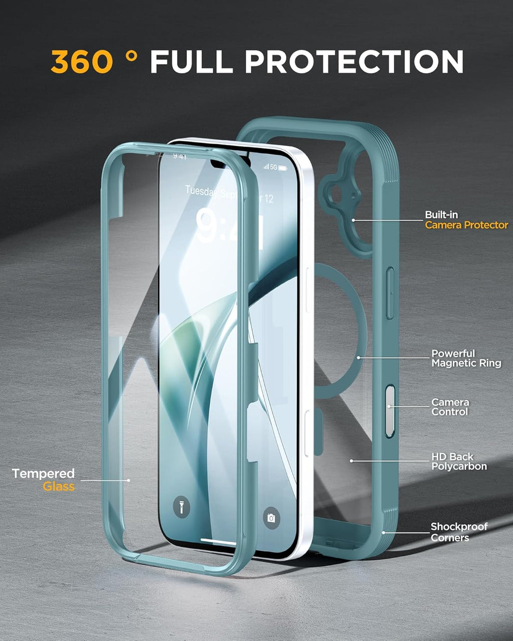 iPhone 17 360° Protection Case [GREEN] : Front Screen + Back Cover + Camera Protection Inbuilt