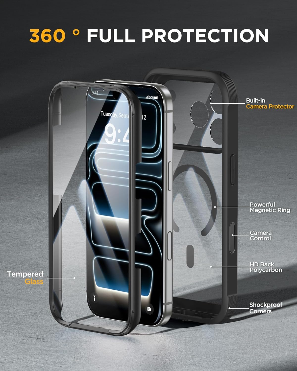 iPhone 17 Pro 360° Protection Case [BLACK] : Front Screen + Back Cover + Camera Protection Inbuilt