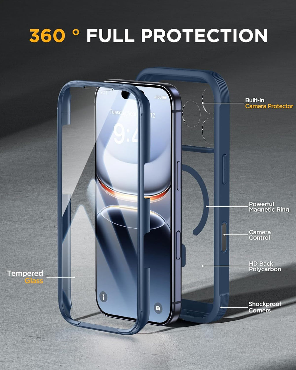 iPhone 17 Pro 360° Protection Case [BLUE] : Front Screen + Back Cover + Camera Protection Inbuilt