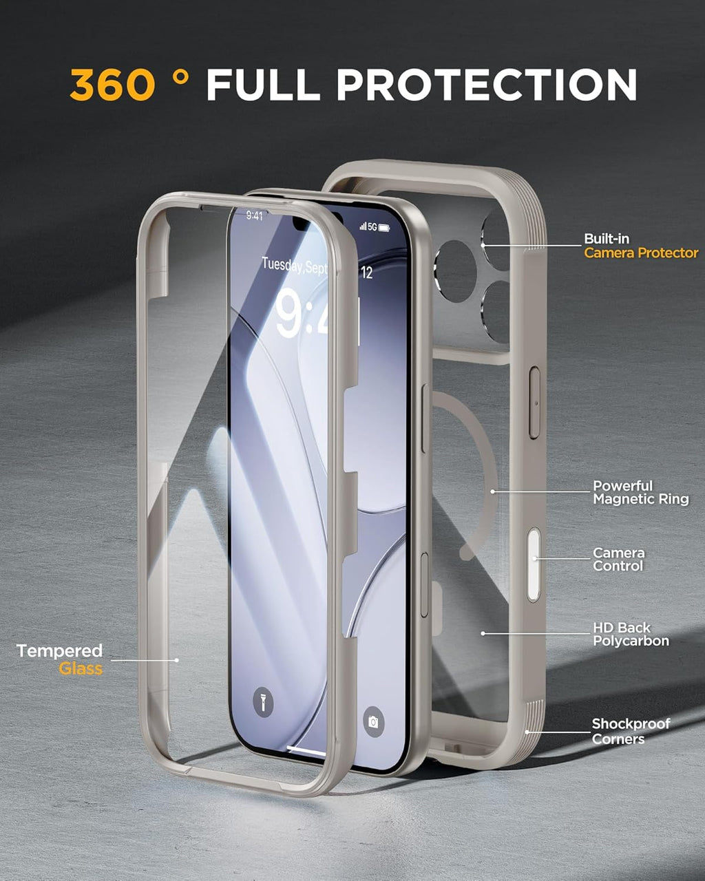 iPhone 17 Pro Max 360° Protection Case [GREY] : Front Screen + Back Cover + Camera Protection Inbuilt
