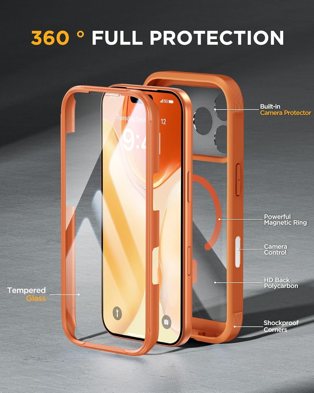 iPhone 17 Pro Max 360° Protection Case [ORANGE] : Front Screen + Back Cover + Camera Protection Inbuilt