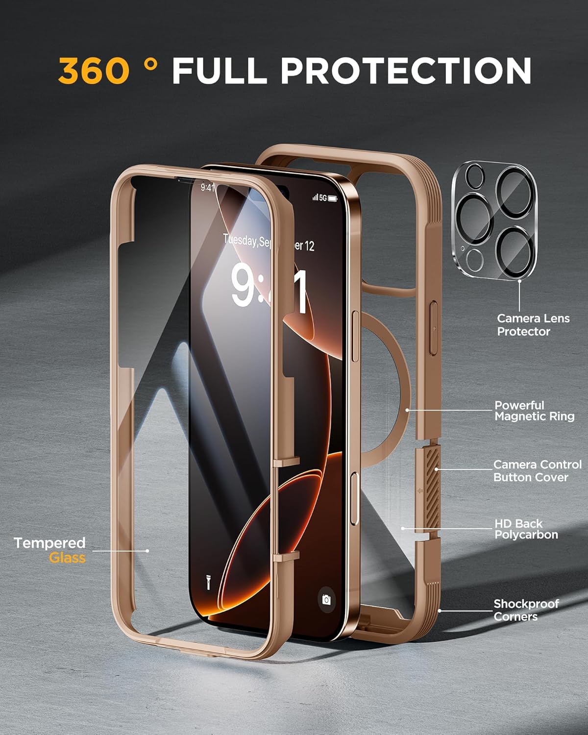 iPhone 16 Pro 360° Protection Case [DESERT] : Front Screen + Back Cover + Camera Protector