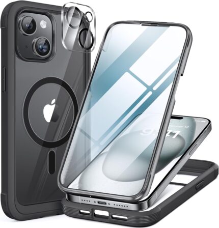 iPhone 15 360° Protection Case [BLACK] : Front Screen + Back Cover + Camera Protector