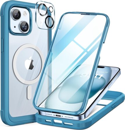 iPhone 15 Plus 360° Protection Case [BLUE] : Front Screen + Back Cover + Camera Protector