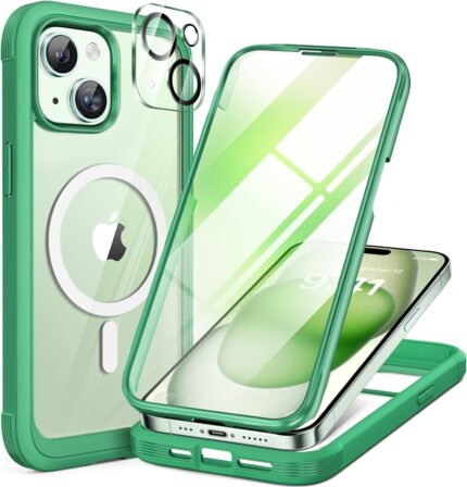 iPhone 15 360° Protection Case [GREEN] : Front Screen + Back Cover + Camera Protector
