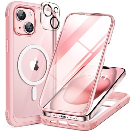iPhone 15 360° Protection Case [PINK] : Front Screen + Back Cover + Camera Protector